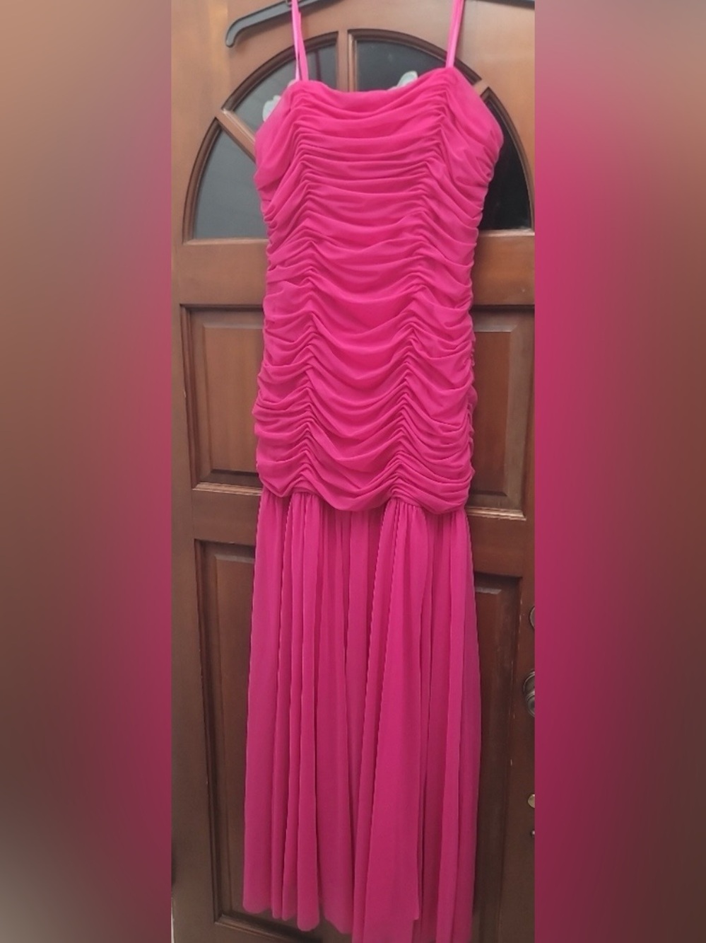 Ruched Spaghetti Strap Maxi Dress in Hot Pink